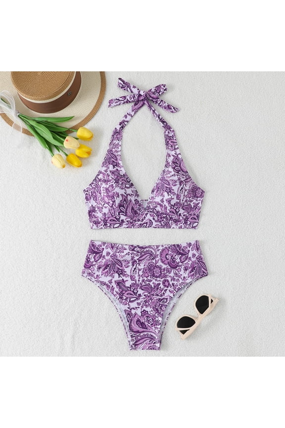 Women's Swimming Pool Bikini Swimsuit, Halter Deep V Neck Top High Waisted Bottoms Paisley Floral Print 2 Piece Bathing Suit for Women