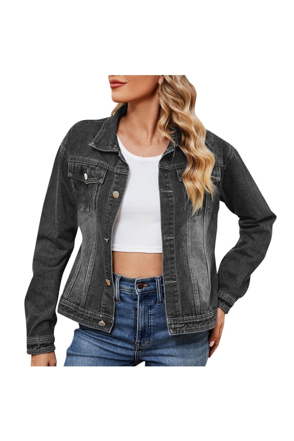 Women's Tailored Fit Denim Jacket Lapel Button Chest Pockets Casual Jean Coat
