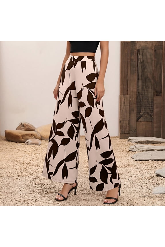 Women's Tropical Leaf Print Wide Leg Pants, High Waist Palazzo Trousers