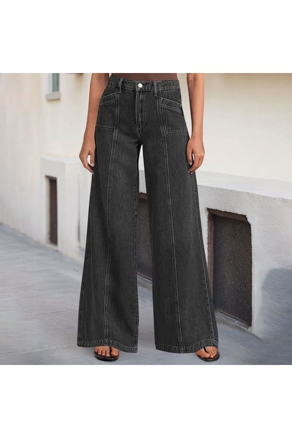 Women's Wide Leg Jeans High Waisted Stretchy Straight Leg Jeans Trendy Seamed Front Loose Denim Pants