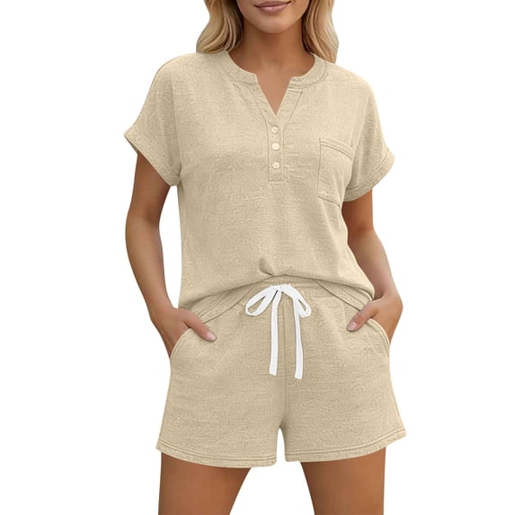 MYAOYI Womens 2 Piece Outfits Short Sleeve Tops and Shorts Set with Pockets Casual Summer Lounge Sets
