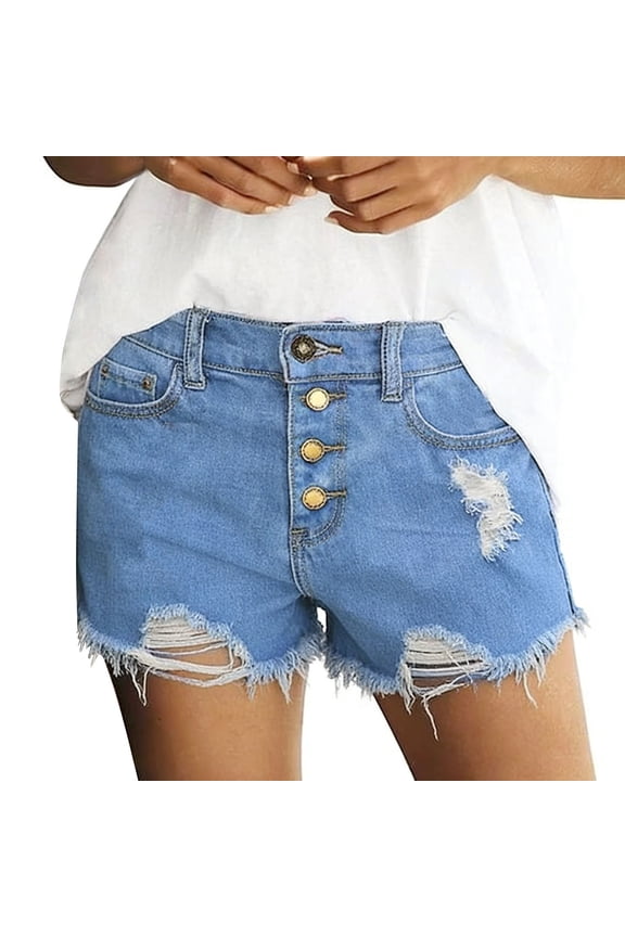 Womens 4 Button Denim Shorts, High Rise Ripped Frayed Edge Summer Wear