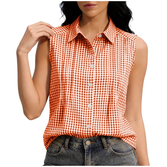 MYAOYI Womens Checkered Sleeveless Blouse, Collared Button Down Summer Top