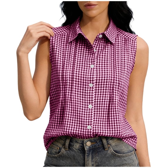 MYAOYI Womens Checkered Sleeveless Blouse, Collared Button Down Summer Top