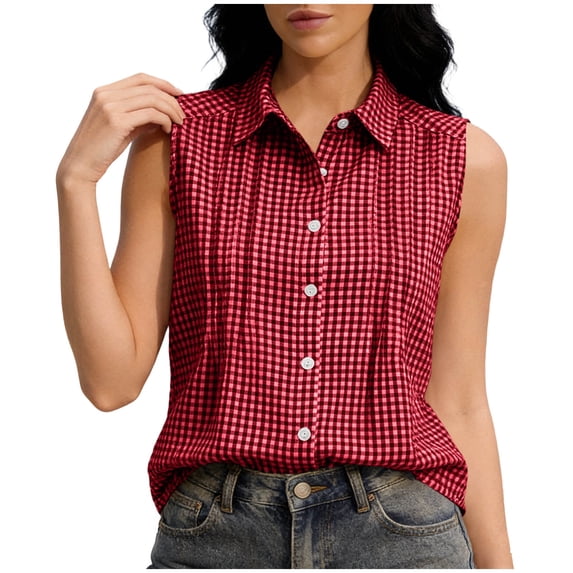 MYAOYI Womens Checkered Sleeveless Blouse, Collared Button Down Summer Top