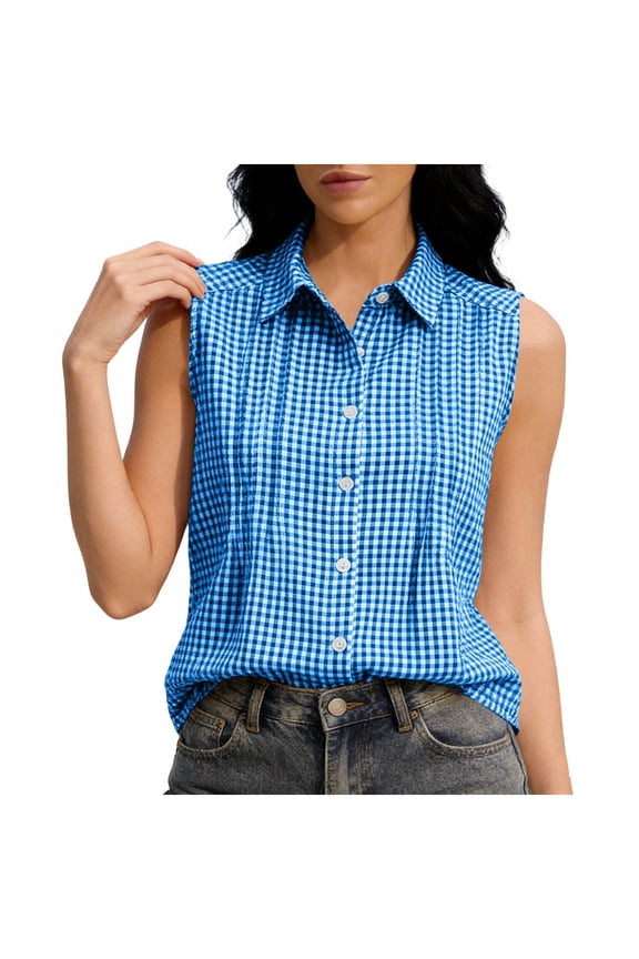Womens Checkered Sleeveless Blouse, Collared Button Down Summer Top