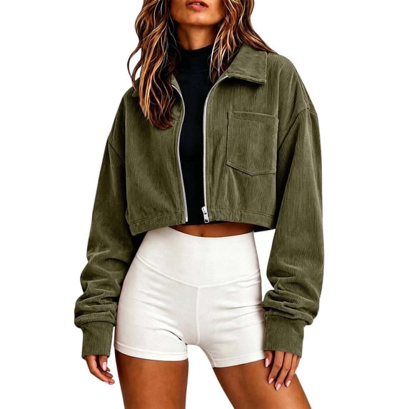 MYAOYI Womens Cropped Corduroy Jacket Zip Up Drop Shoulder Top