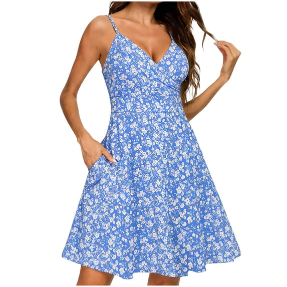 MYAOYI Womens Dresses Ditsy Floral Summer Sundress V Neck Spaghetti Strap Casual A Line Swing Dress with Pockets