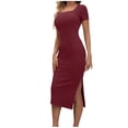thumbnail image 1 of MYAOYI Womens Dresses Square Neck Short Sleeve Ribbed Bodycon Midi Dress with Side Slit, 1 of 9