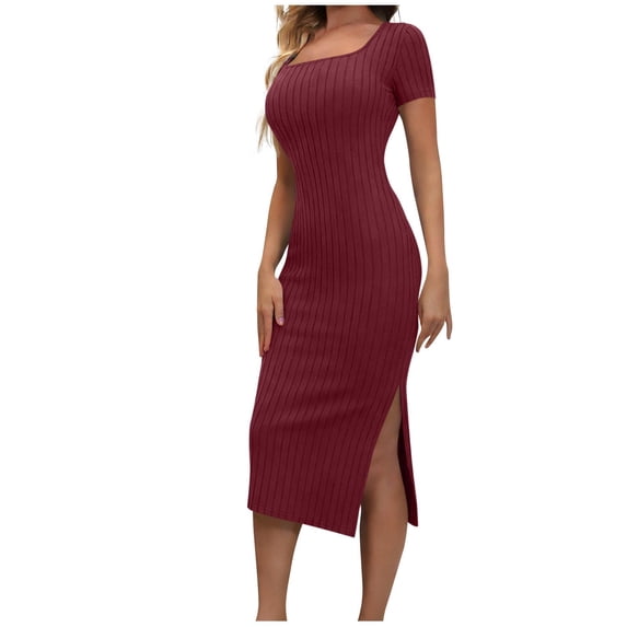 MYAOYI Womens Dresses Square Neck Short Sleeve Ribbed Bodycon Midi Dress with Side Slit