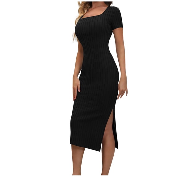 MYAOYI Womens Dresses Square Neck Short Sleeve Ribbed Bodycon Midi Dress with Side Slit