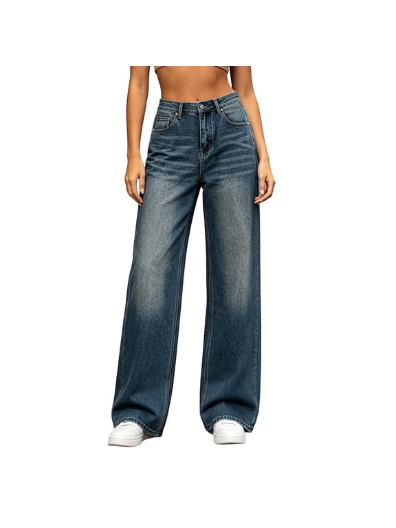 Womens Faded Blue Wide Leg Jeans - High Waist 90s Denim Trousers