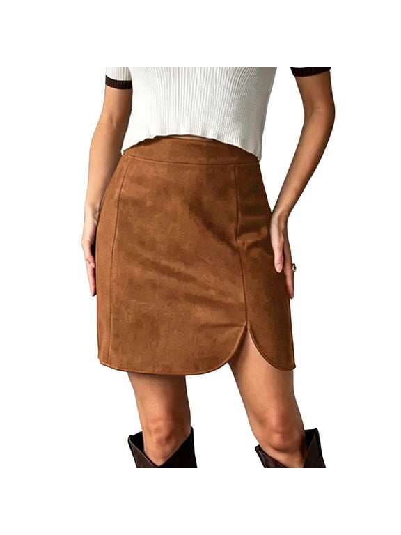 Womens Faux Suede Mini Skirt High Waisted