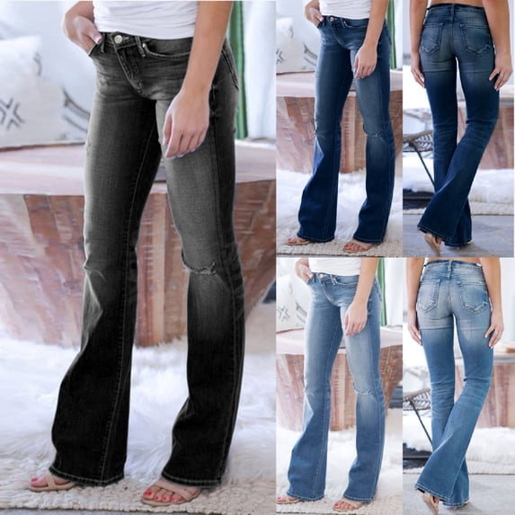 Roiped MYAOYI Womens Flare Jeans Mid Rise Distressed Ripped Knees Slim Fit ...
