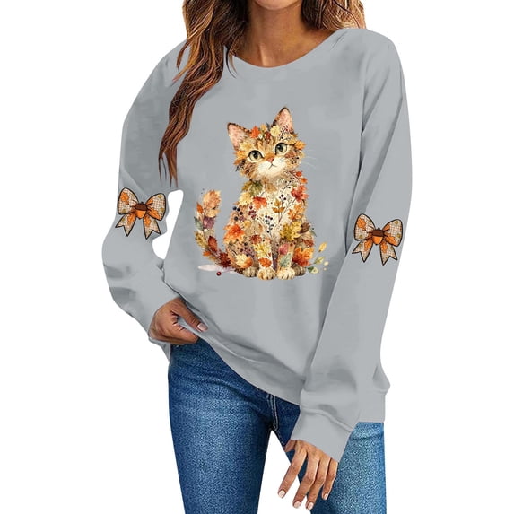 MYAOYI Womens Floral Cat Graphic Crewneck Sweatshirt Pullover