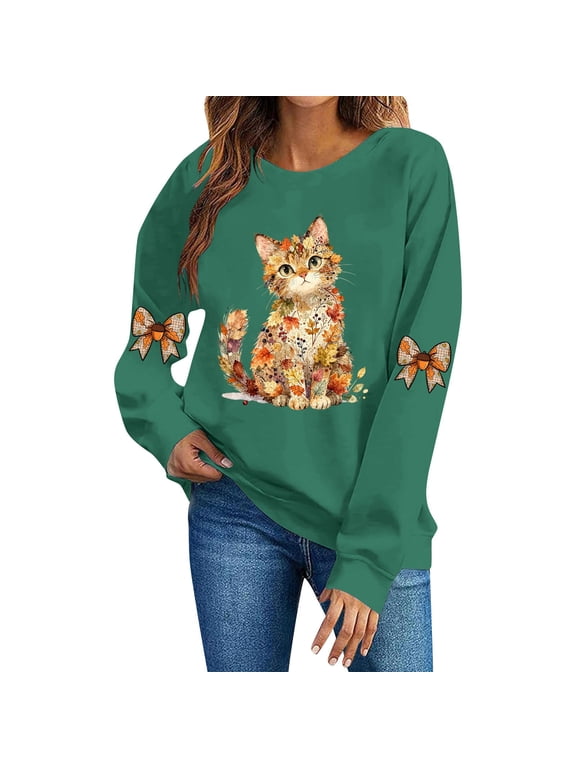 Womens Floral Cat Graphic Crewneck Sweatshirt Pullover