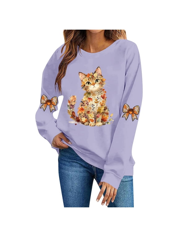 Womens Floral Cat Graphic Crewneck Sweatshirt Pullover