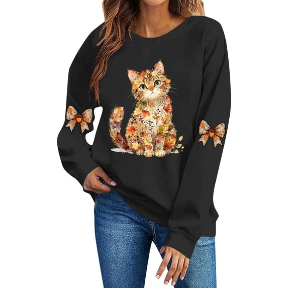 MYAOYI Womens Floral Cat Graphic Crewneck Sweatshirt Pullover