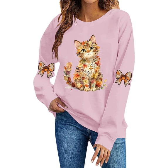 MYAOYI Womens Floral Cat Graphic Crewneck Sweatshirt Pullover