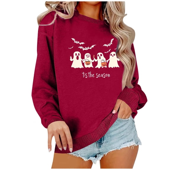 MYAOYI Womens Halloween Sweatshirt Tis The Season Ghost Graphic Pullover