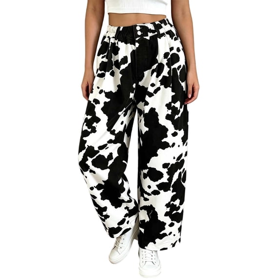 MYAOYI Womens High Waisted Cow Print Jeans Baggy Wide Leg Denim Pants