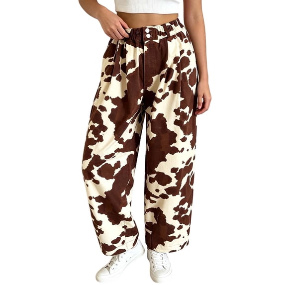 MYAOYI Womens High Waisted Cow Print Jeans Baggy Wide Leg Denim Pants
