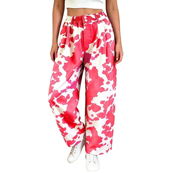 MYAOYI Womens High Waisted Cow Print Jeans Baggy Wide Leg Denim Pants