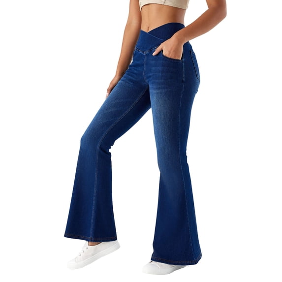 MYAOYI Womens High Waisted Flare Jeans Crossover Pull On Denim Pants