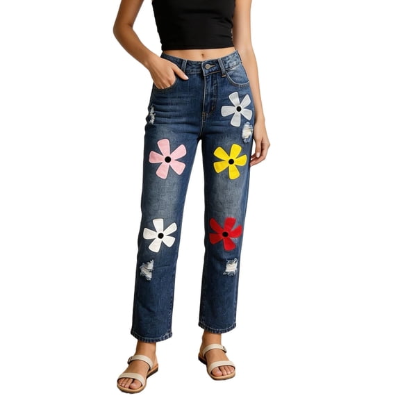 MYAOYI Womens High Waisted Floral Embroidered Jeans Straight Leg Denim Pants