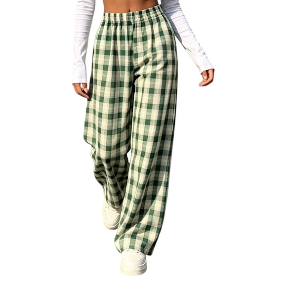 MYAOYI Womens High Waisted Gingham Wide Leg Trousers - Elastic Pull On Bottoms