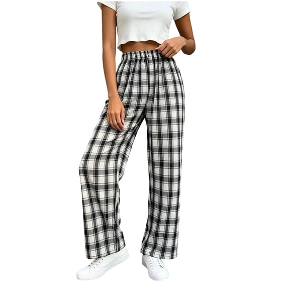 MYAOYI Womens High Waisted Gingham Wide Leg Trousers - Elastic Pull On Bottoms