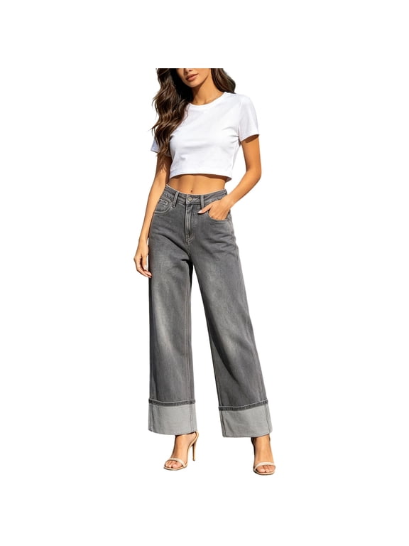 Womens High Waisted Wide Leg Jeans Cuffed Hem Denim Pants