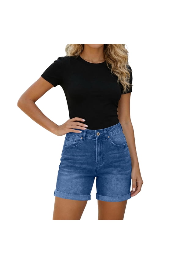 Womens Jean Shorts High Rise Cuffed Stretchy Hem Denim Shorts with Pockets