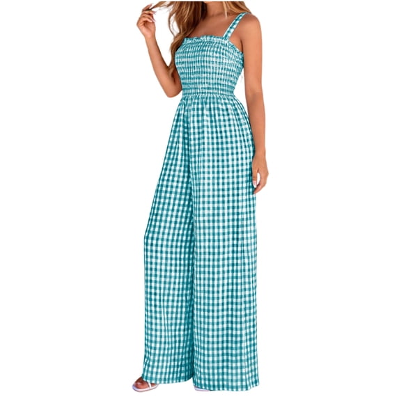 MYAOYI Womens Jumpsuits Casual Daily Wide Leg Jumpsuit Gingham Plaid Spaghetti Strap Smocked Summer Jumpsuit
