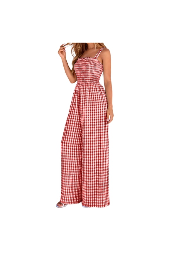 Womens Jumpsuits Casual Daily Wide Leg Jumpsuit Gingham Plaid Spaghetti Strap Smocked Summer Jumpsuit
