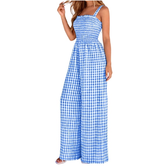 MYAOYI Womens Jumpsuits Casual Daily Wide Leg Jumpsuit Gingham Plaid Spaghetti Strap Smocked Summer Jumpsuit