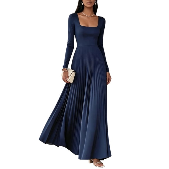 MYAOYI Womens Long Sleeve A-Line Dress Square Neck Pleated Maxi