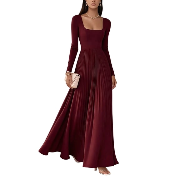 MYAOYI Womens Long Sleeve A-Line Dress Square Neck Pleated Maxi