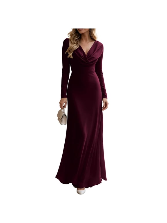 Womens Long Sleeve Fitted Maxi Dress Cowl Neck Formal