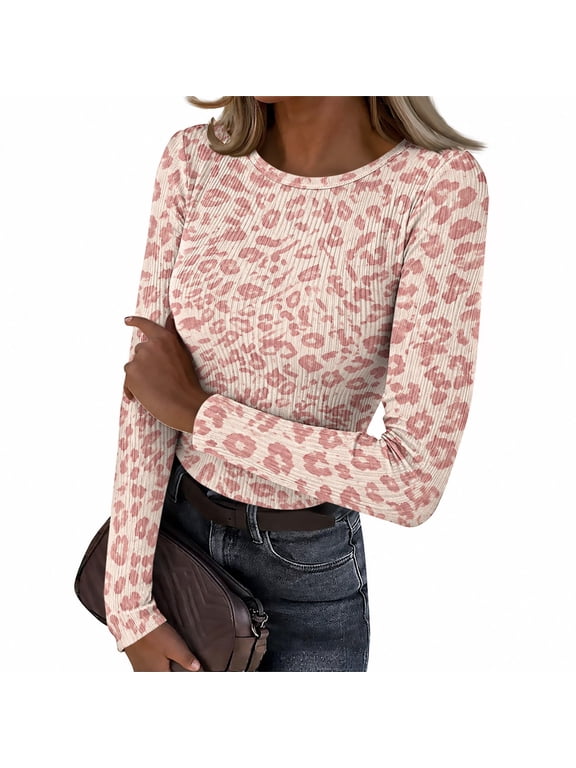 Womens Long Sleeve Leopard Print Tops Crewneck Shirts