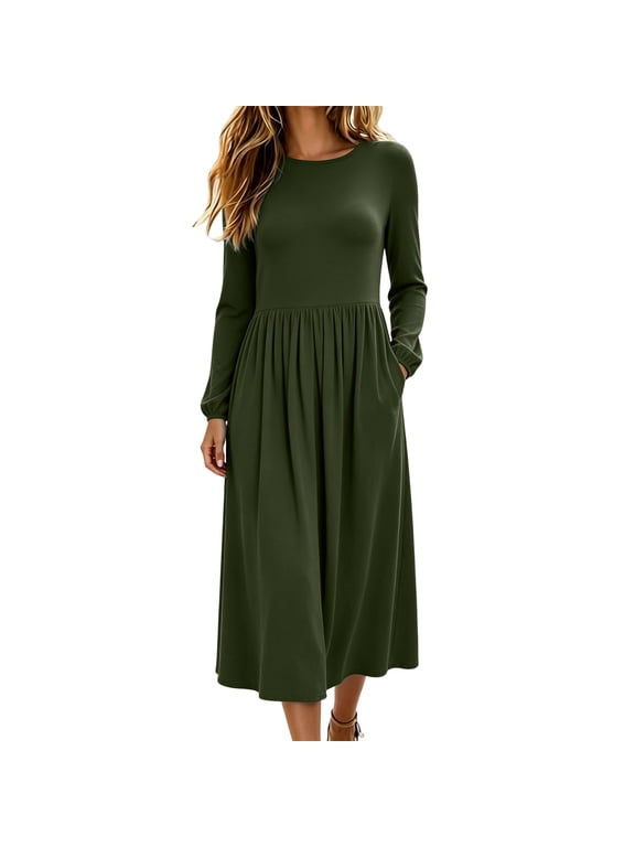 Womens Long Sleeve Midi Dress Pleated A-Line Swing Dress with Pockets