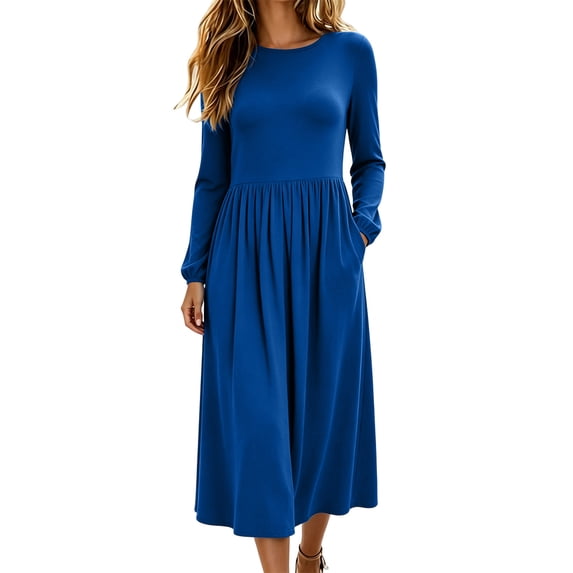 MYAOYI Womens Long Sleeve Midi Dress Pleated A-Line Swing Dress with Pockets
