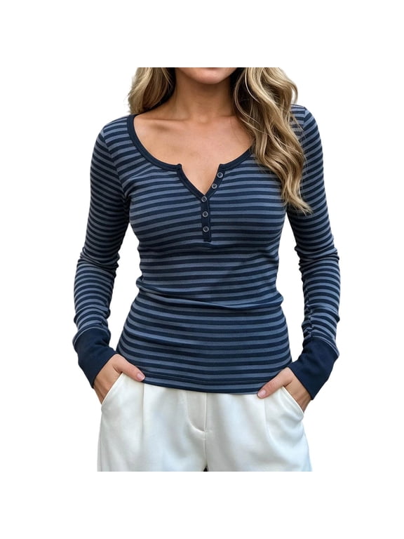 Womens Long Sleeve Striped Henley Shirts V Neck Button Down Tops
