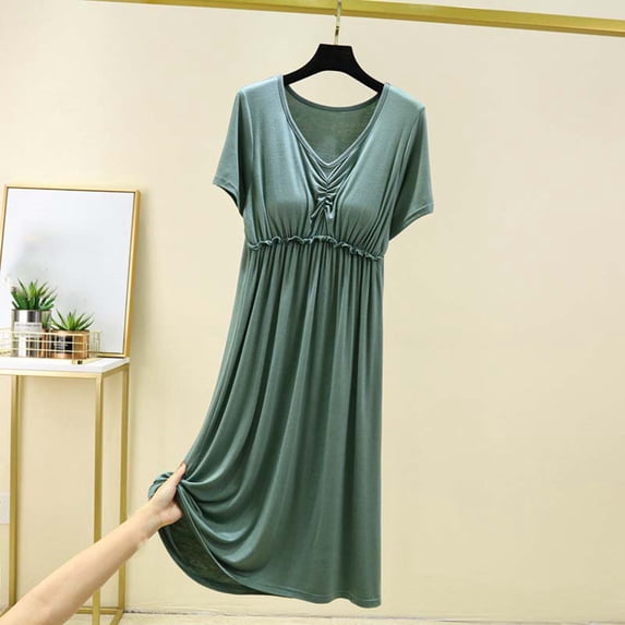 MYAOYI Womens Nightgown Casual Plus Size V-Neck Solid Color Summer Short Sleeve Comfy Midi Sleepwear with Built in Shelf Bra