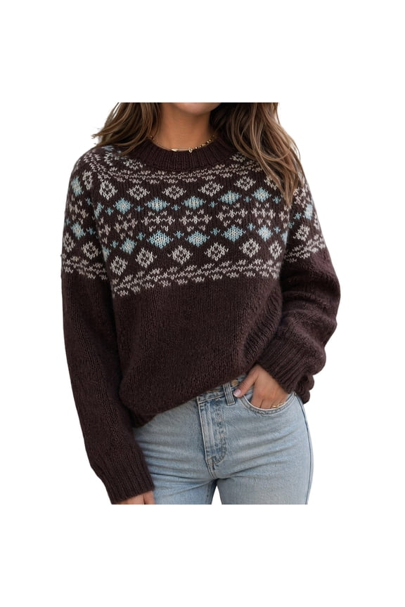 Womens Nordic Patterned Sweater Round Neck Cozy Knit
