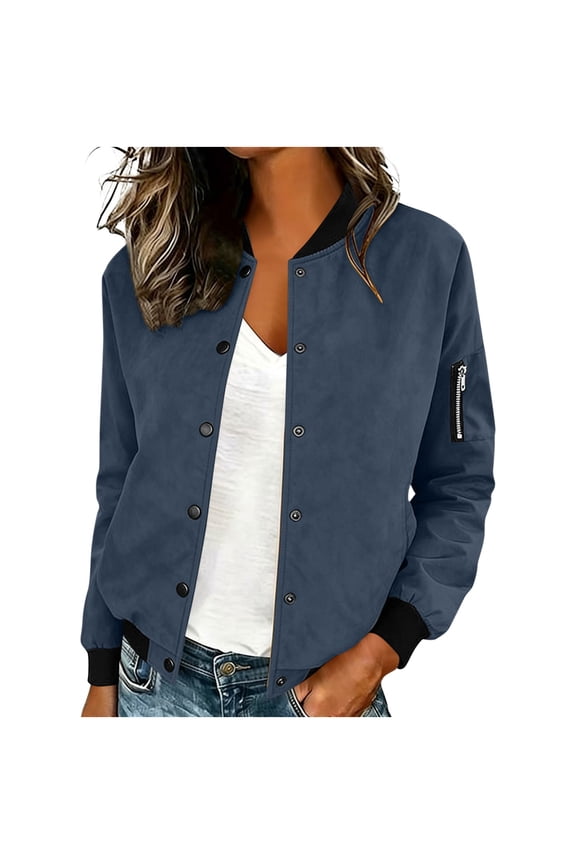 Womens Outerwear Button Front Bomber Jacket Faux Suede Ribbed Trim Casual Outerwear