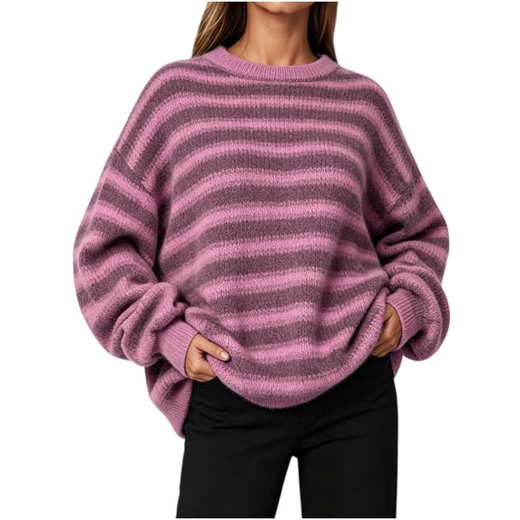 MYAOYI Womens Oversized Striped Sweater Crew Neck Drop Shoulder Knit