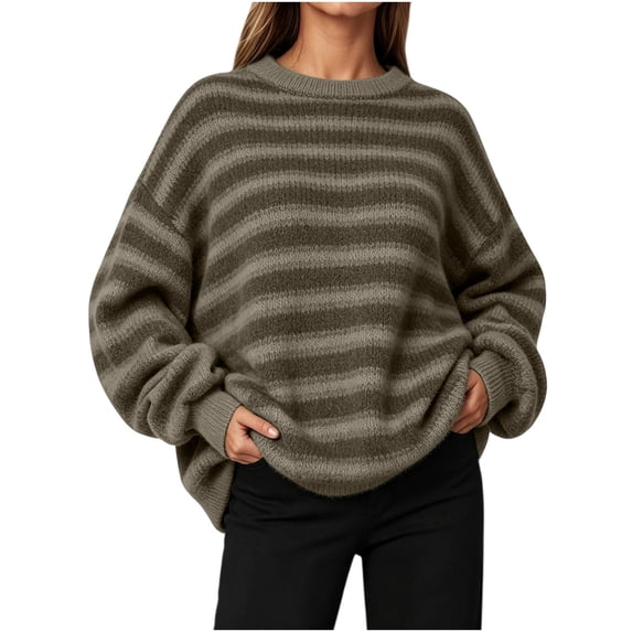 MYAOYI Womens Oversized Striped Sweater Crew Neck Drop Shoulder Knit