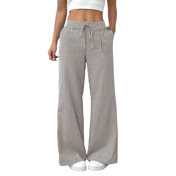 MYAOYI Womens Pants Striped Wide Leg Pants Drawstring Waist Casual Trousers with Pockets