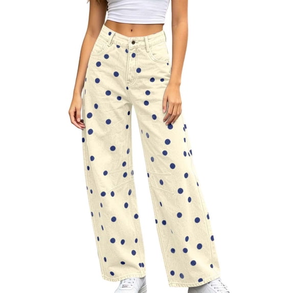 MYAOYI Womens Polka Dot Wide Leg Jeans - High Waist Casual Y2K Denim Pants